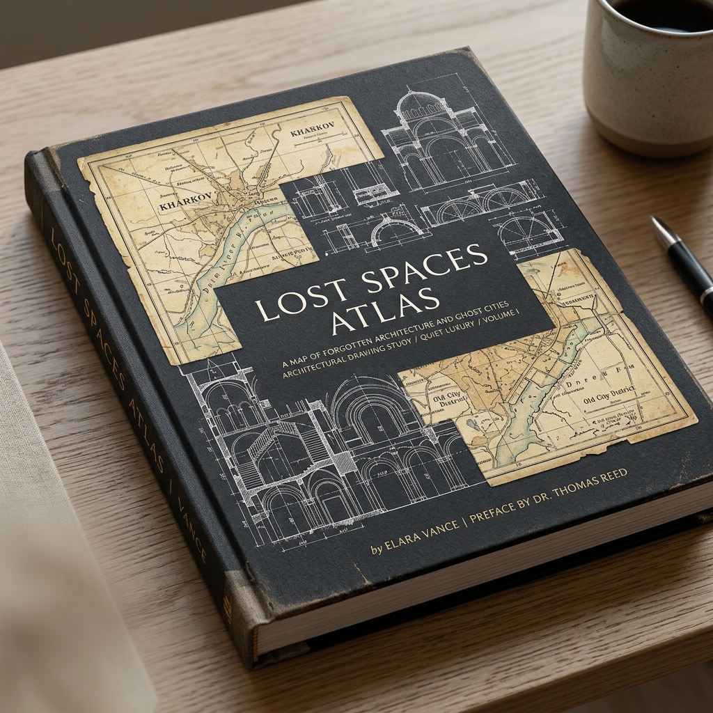 Lost Spaces Atlas cover mockup featuring old maps and structural blueprints.